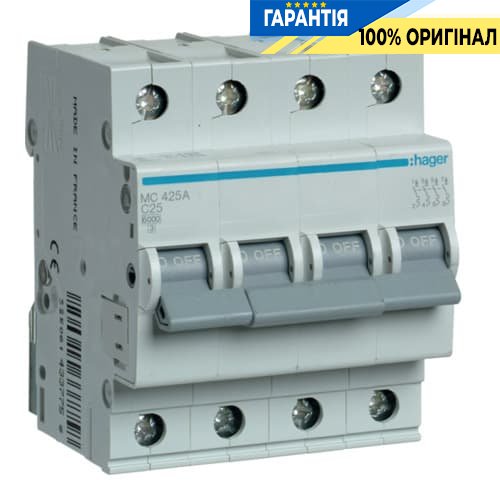 Автоматичний вимикач 4-х полюсний Hager MC425A 25 А, 3ф З 6 кА