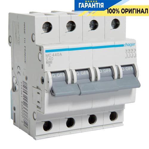 Автоматичний вимикач 4-х полюсний Hager MC440A 40 А, 3ф З 6 кА
