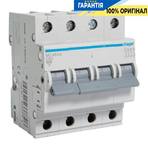Автоматический выключатель 4-х полюсный Hager MC463A 63 А,3ф С 6 кА