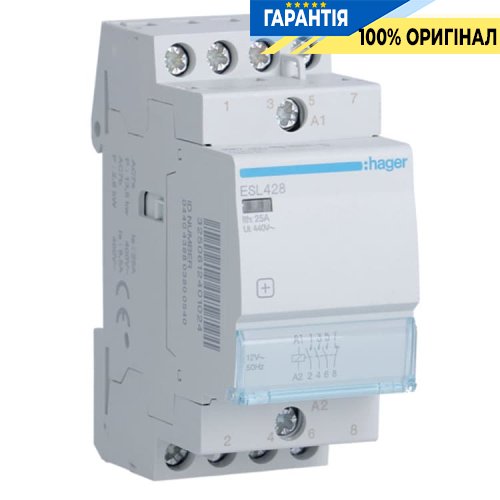 Контактор Hager ESL428 25A, 3НО + 1НЗ, 12V