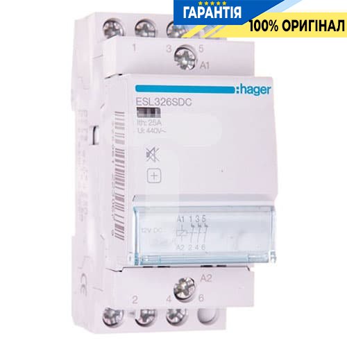 Контактор безшумний Hager ESL326SDC 25A, 3НЗ, 12V DC