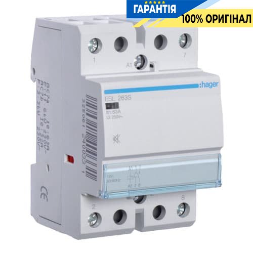 Контактор бесшумный Hager ESL263S 63A, 2Н.О, 12V
