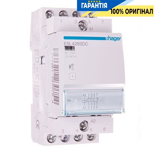Контактор безшумний Hager ESL428SDC 25A, 3Н.О + 1Н.З, 12V