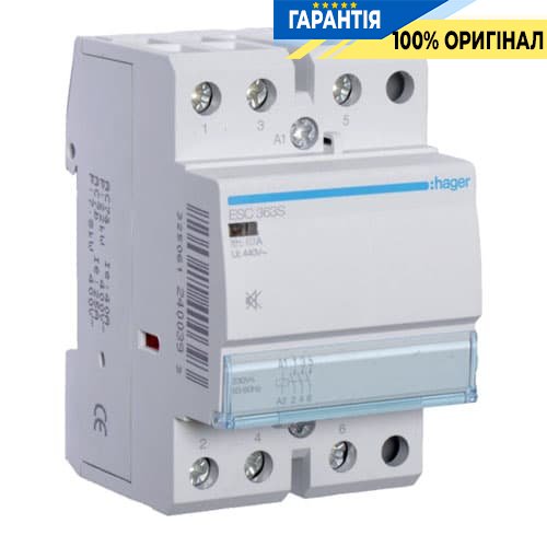 Контактор безшумний Hager ESC363S 63A, 3Н.О, 230V