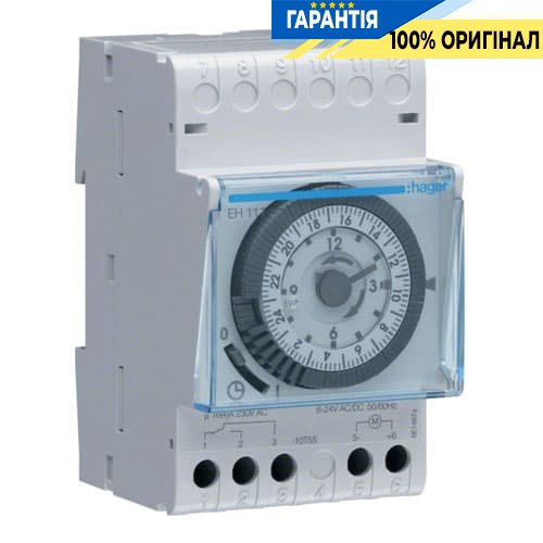 Таймер аналоговый, суточный, 16А, 1 переключаемый контакт, Hager EH111, запас хода 200ч.