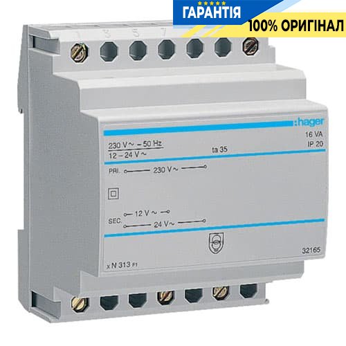 Трансформатор на DIN-рейку, 230В/24 В (0,67А), 230В/12 В (1,33А), 4 модуля Hager ST313