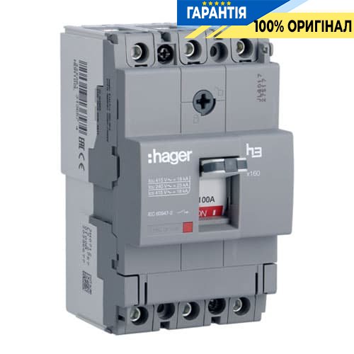 Автоматический выключатель h160 3-полюса 18kA 100A Hager HDA100L