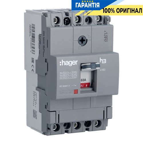 Автоматический выключатель h160 3-полюса 18kA 63A Hager HDA063L