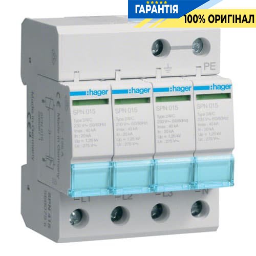 Разрядник защиты от перенапряжения 4-полюсный, Hager SPN415 с сменными картриджами