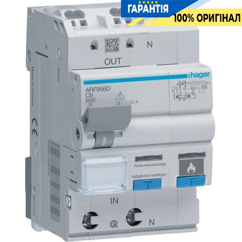 Дифавтомати з дуговим захистом AFDD, 1P + N 6kA C-6A 30mA A, Hager ARF956D