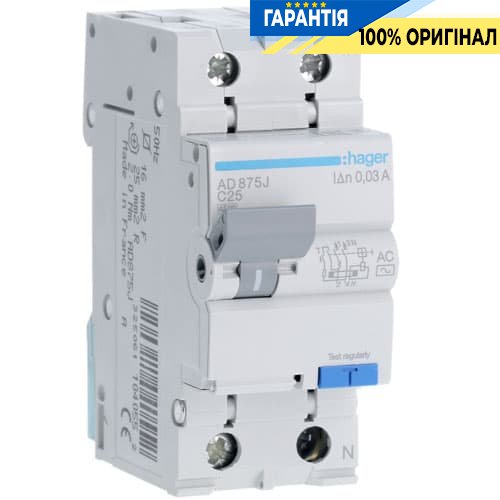 Дифавтомат Hager AD875J 1P+N 4.5kA C-25A 30mA AC