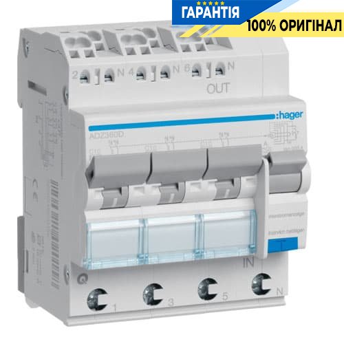 Дифавтомат 3-фазый (3P + N) 6кА С-10А 30мА, QuickConnect Hager ADZ360D