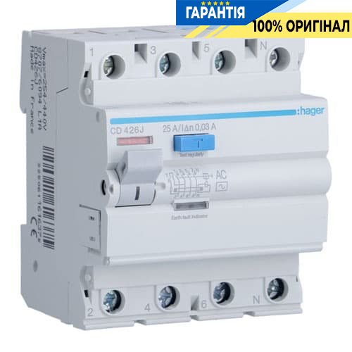 Дифреле Hager CD426J 4-полюса 25 А, ток утечки 30mA, Тип - АC