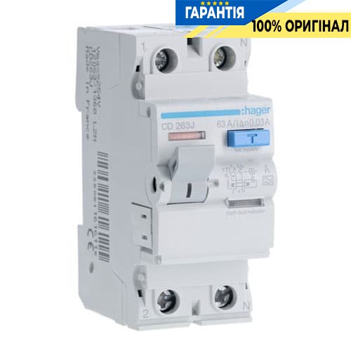 Дифреле Hager CD263J 2-полюса 63 А, ток утечки 30mA, Тип - А