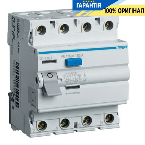 Дифреле Hager CD440J 4-полюса 40 А, ток утечки 30mA, Тип - А