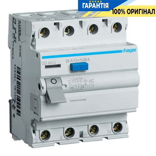 Дифреле Hager CD441J 4-полюса 40 А, ток утечки 30mA, Тип - АC