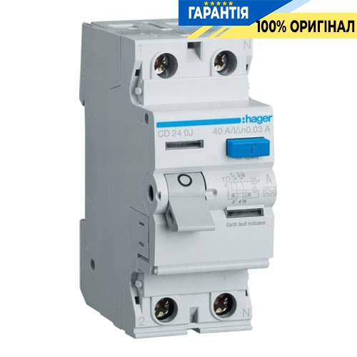 Дифреле Hager CD240J 2-полюса 40 А, ток утечки 30mA, Тип - А