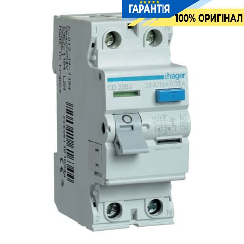 Дифреле Hager CD226J 2-полюса 25 А, ток утечки 30mA, Тип - АC