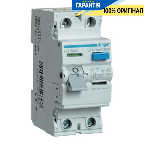 Дифреле Hager CD264J 2-полюса 63 А, струм витоку 30mA, Тип - АC