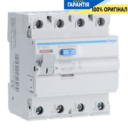 Дифреле Hager CF463J 4-полюса 63 Аа, струм витоку 300mA, Тип - А