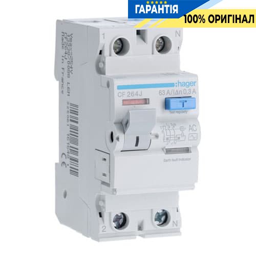 Дифреле Hager CF264J 2-полюса 63 А, ток утечки 300mA, Тип - АC