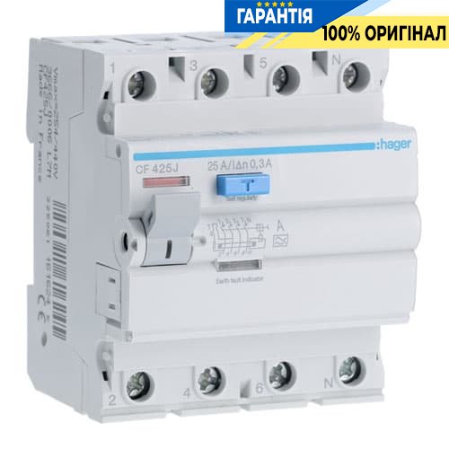 Дифреле Hager CF425J 4-полюса 25 А, струм витоку 300mA, Тип - А