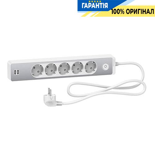Подовжувач Unica Extend Schneider Electric ST945U1WA на 5 розеток із заземленням + 2 * USB-розетки, 1.5м, білий з алюм.