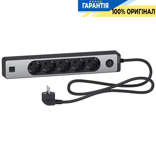 Удлинитель Unica Extend Schneider Electric ST945U1BA на 5 розеток с заземлением+2*USB-розетки, 1.5м, черный с алюм.