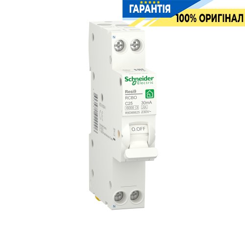 Компактний дифавтомат Schneider Electric Resi9 25 А, 30 мA, 1P+N, 6кA, крива, тип А R9D88625