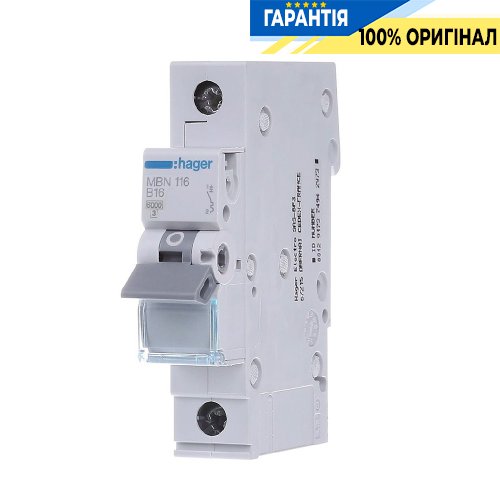 Автоматичний вимикач Hager 1-полюсний, 16A , B, 6kA, MBN116