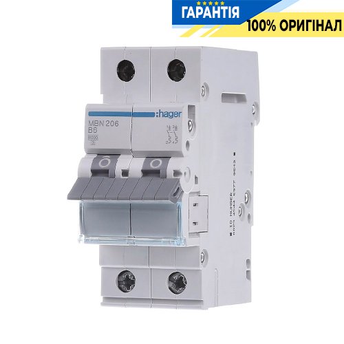 Автоматичний вимикач Hager 2-полюсний, 6A , B, 6kA, MBN206