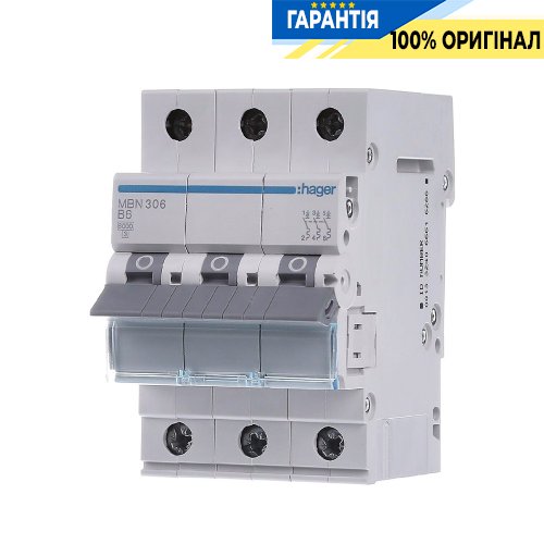 Автоматичний вимикач Hager 3-полюсний, 6A , B, 6kA, MBN306