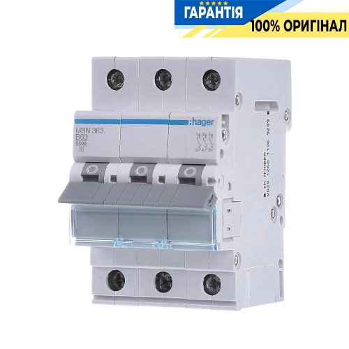 Автоматичний вимикач Hager 3-полюсний, 63A , B, 6kA, MBN363