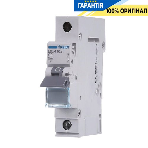 Автоматичний вимикач Hager 1-полюсний, 2A, C, 6kA, MCN102
