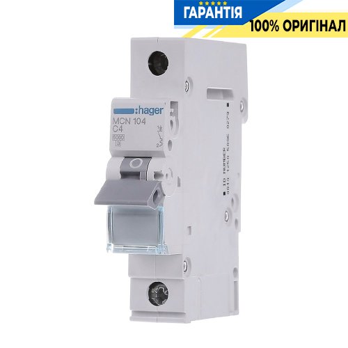 Автоматичний вимикач Hager 1-полюсний, 4A, C, 6kA, MCN104