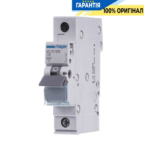 Автоматичний вимикач Hager 1-полюсний, 6A, C, 6kA, MCN106