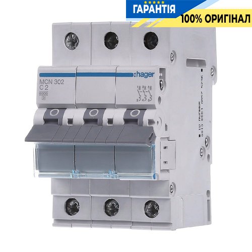 Автоматичний вимикач Hager 3-полюсний, 2A, C, 6kA, MCN302
