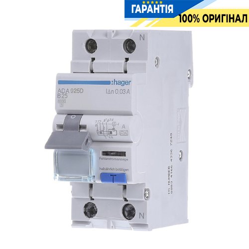 Дифавтомат 1P+N, 6kA, B-25A, 30mA, A, Hager ADA925D