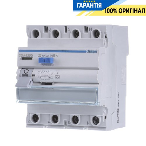 Дифференциальное реле 4P, 6kA, 25A,30mA, A, Hager CDA425D