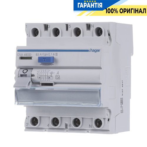 Дифференциальное реле 4P, 6kA, 63A, 100mA, A, S, Hager CNA463D