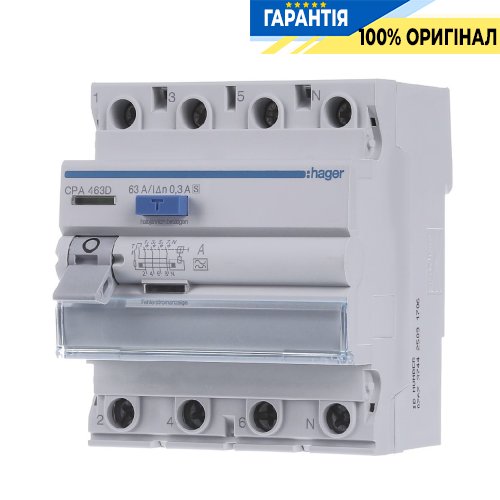 Дифференциальное реле 4P, 6kA, 63A, 300mA, A, S, Hager CPA463D