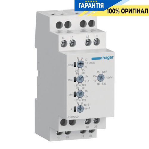 Реле контроля фаз и напряжения без задержки на включение 1P+N/3P(N) 2ПК, Hager EUM200