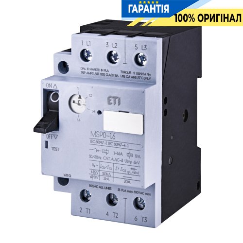 Автоматический выключатель защиты двигателя MSP0-1,6 (0,37-0,55 kW, 1.0-1.6A) ETI 4646620