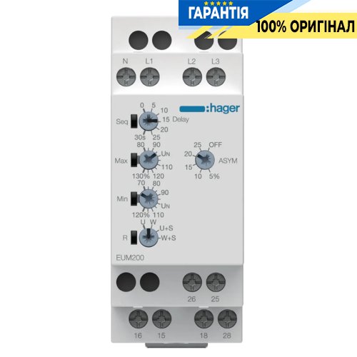 Реле контроля фаз и напряжения без задержки на включение 1P+N/3P(N) 2ПК, Hager EUM200