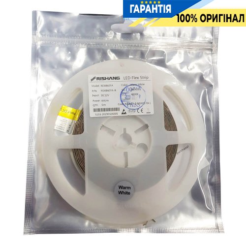 Лента светодиодная 60 Led/m 4000К 12V, 6Вт/м, IP20, CRI80, Rishang 11842 2835-60-IP20-NW-8-12 RD0860TA-B нейтральный белый свет