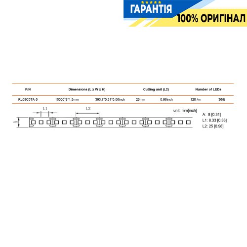Стрічка світлодіодна 120 Led/m 3000K 48V, 9.6Вт, IP33 CRI80 e-pcb Rishang 20503 2835-120-IP33-WW-8-48 RN08C0TH-A тепле світло