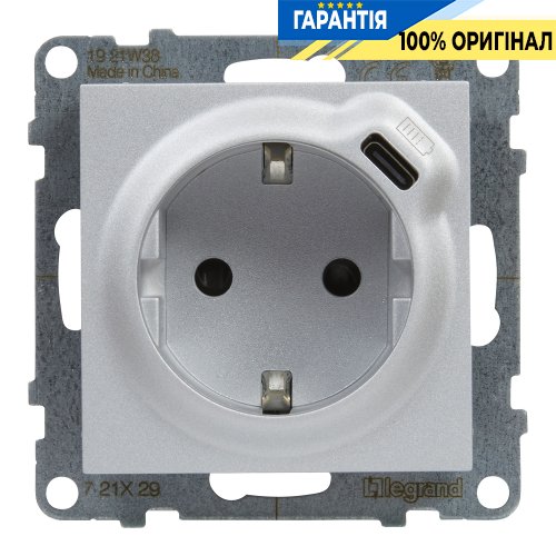 Розетка із з/к та захист. шторками + USB С 1,5А/5V Legrand Suno 721329 алюміній