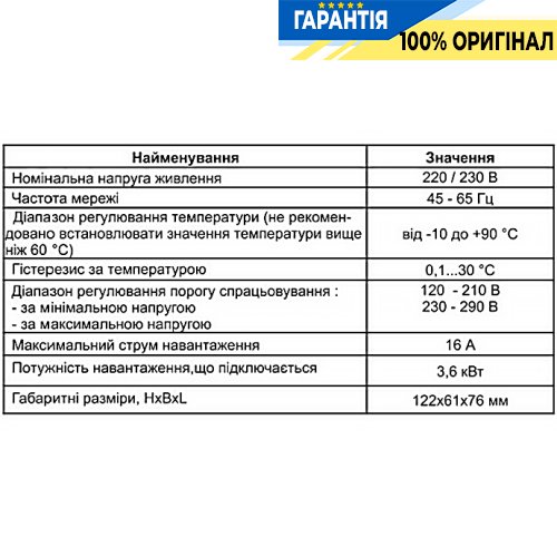 Терморегулятор в розетку с функцией реле напряжения, 16А (ТР-12-2) , датчик снизу 1,8м Novatek (Новатек) NTTR12002