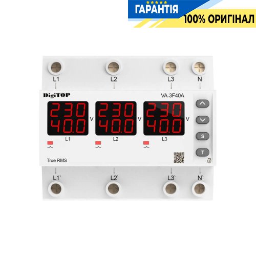 Реле напруги та струму 3-фазне DigiTop VA-3F40A M6R 40А з червоним індикатором