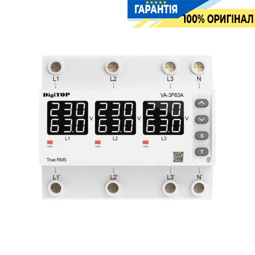 Реле напруги та струму трифазне DigiTOP VA-3F63A M6W, 63А, з білим індикатором
